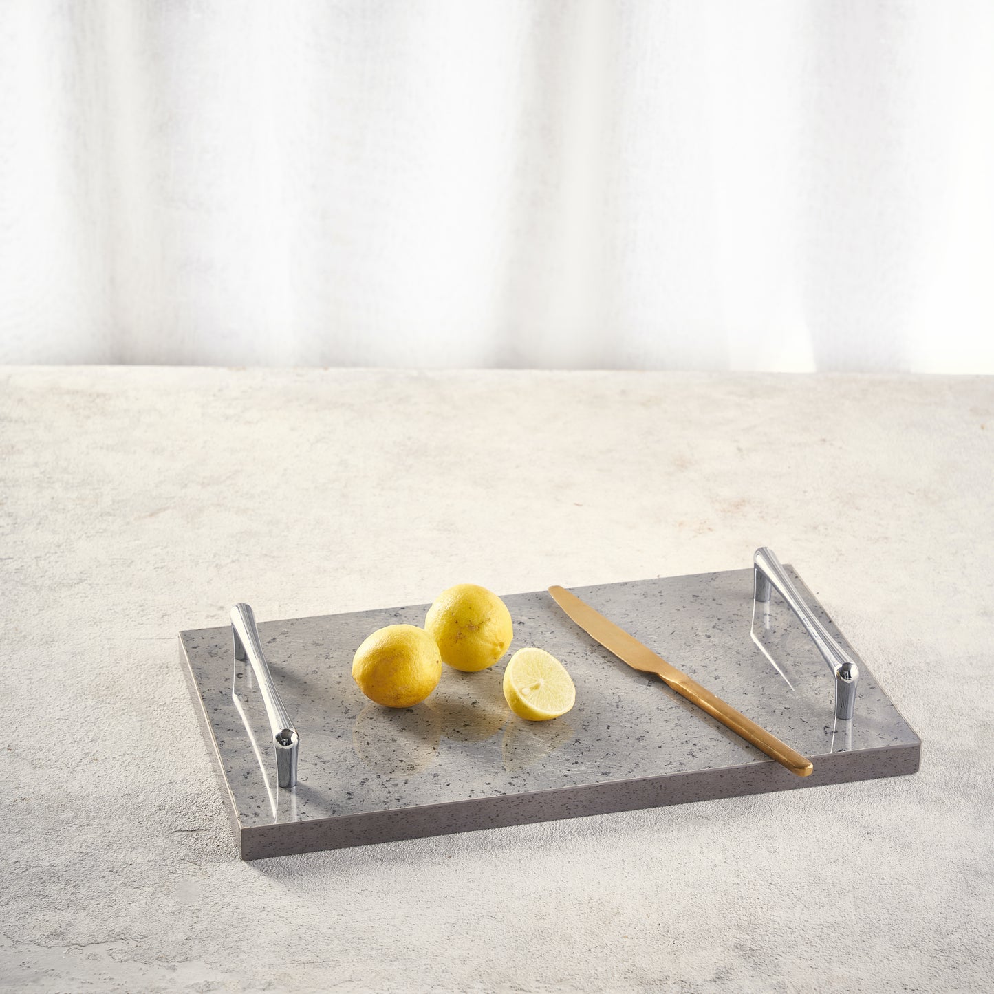 Dark grey tray silver handles