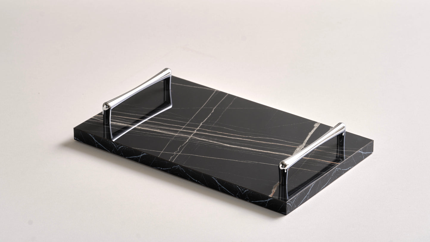 Black tray silver handles