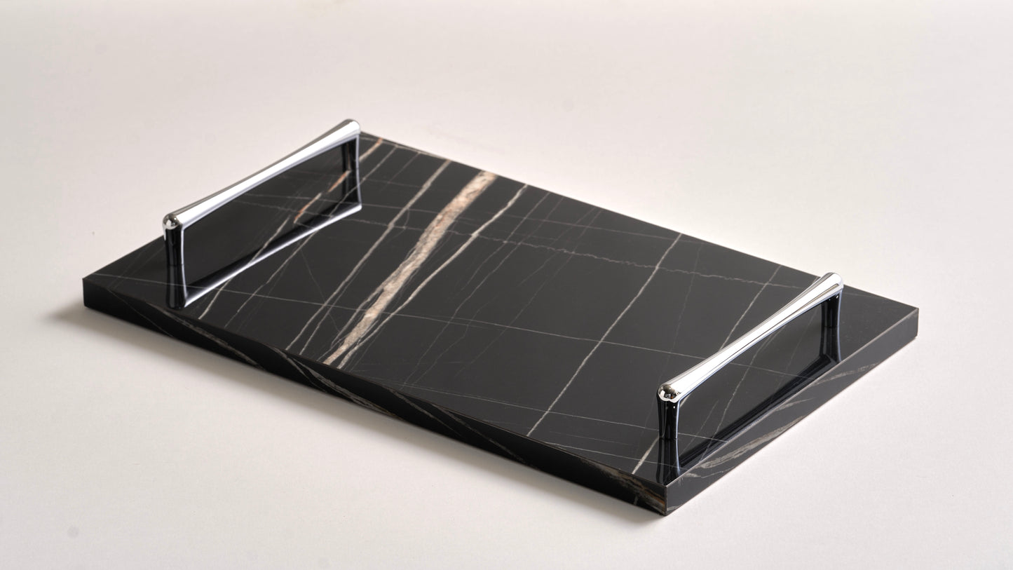 Black tray silver handles