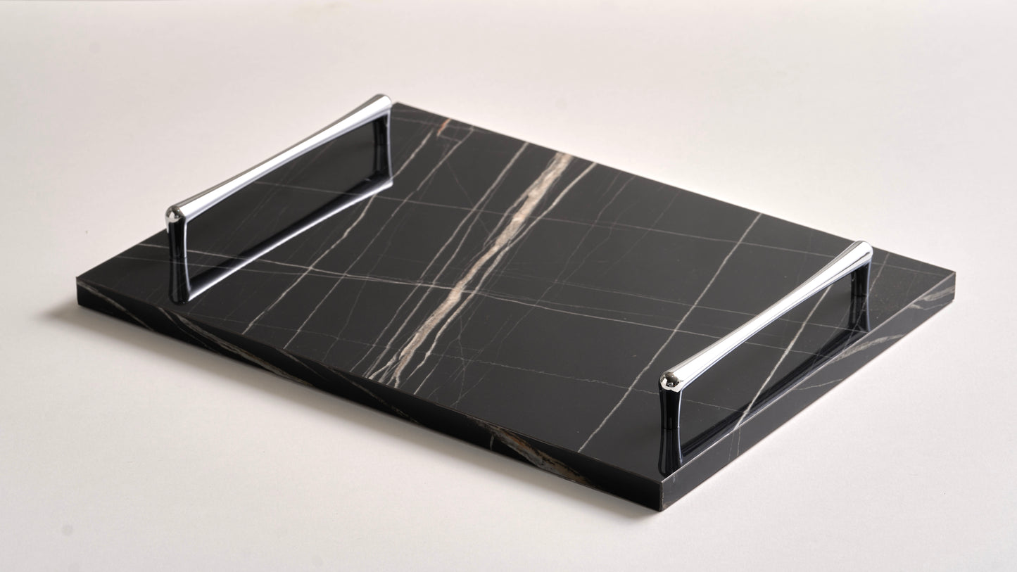 Black tray silver handles